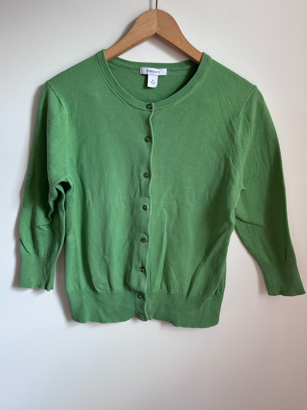 DressBarn Green Cotton Blend Button Cardigan Sweater Size Medium 3/4 Sleeve